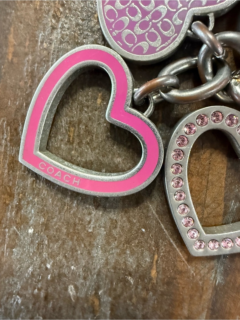 Coach Pink Heart Charm Keychain Bag Charm Rhinestone Silver Tone Multi Heart EUC - Picture 3 of 8